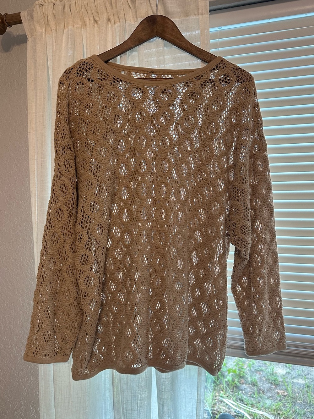 Vintage Crochet Beige Open-Knit Lightweight Sweater